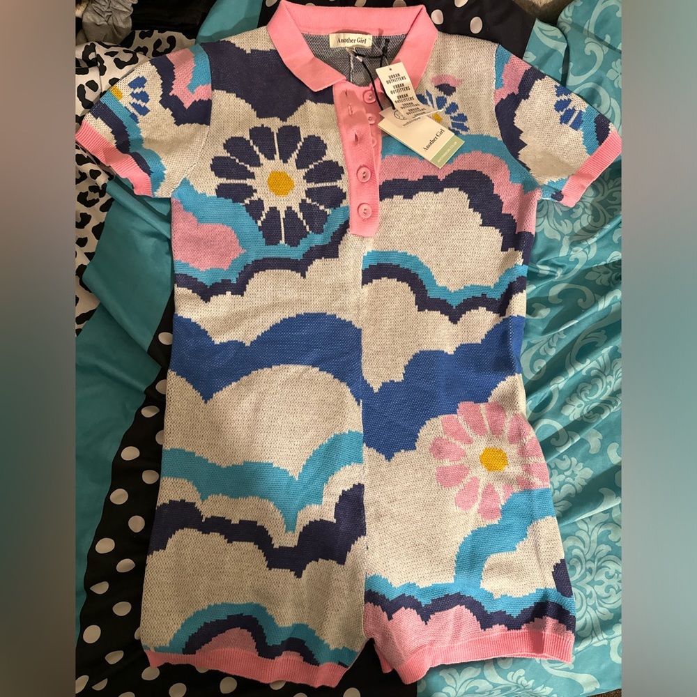 Psychedelic Floral PINK & Blue Multi Color Knit Short Romper